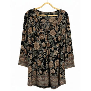 Womens Henley Tunic Lucky Brand 2X Black Floral Paisley Boho 3/4 Sleeve
